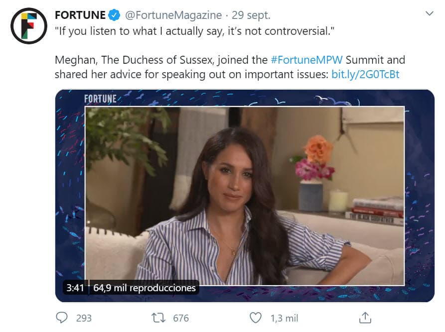 Y achacó que solo es resultado de "la interpretación de la gente": "Si escuchan 
<b><a href="https://www.univision.com/famosos/a-meghan-markle-y-harry-les-llueven-criticas-por-anunciar-su-nueva-fundacion-en-el-peor-momento-fotos" target="_blank">lo que realmente digo, no es controvertido</a></b>", dijo, de acuerdo con 
<b><a href="https://twitter.com/FortuneMagazine/status/1311006744596942855?ref_src=twsrc%5Etfw%7Ctwcamp%5Etweetembed%7Ctwterm%5E1311006744596942855%7Ctwgr%5Eshare_3&ref_url=https%3A%2F%2Fwww.etonline.com%2Fmeghan-markle-talks-authenticity-and-being-liberated-from-others-opinions-153884" target="_blank">una cita</a></b> y fragmento de la conversación que fue publicada en la cuenta de Twitter de Fortune.
<br>