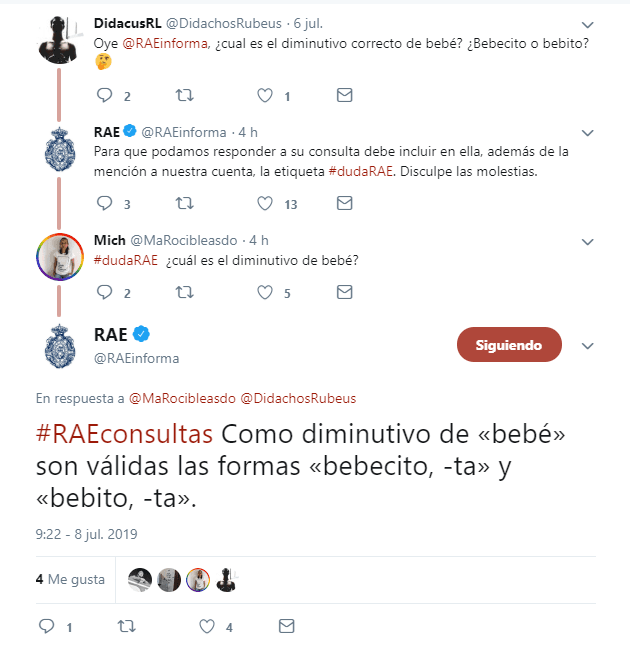 El diminutivo de bebé, como puede verse, llena de dudas a varios usuarios de Twitter.