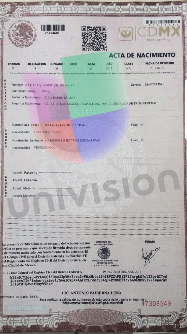 Acta de nacimiento de Matías Gil De Sousa bajo el registro oficial mexicano del registro civil.