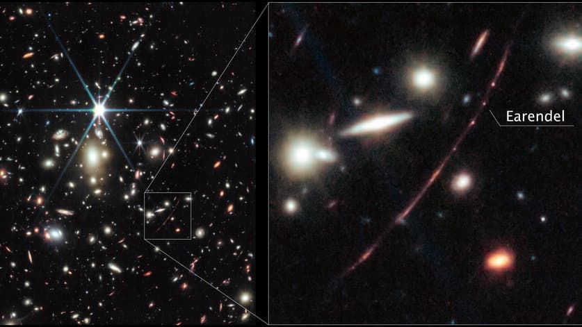 La estrella Earendel, derecha, en la galaxia 'Arco del Amanecer'.