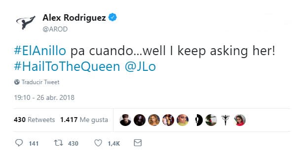 Por su parte, A-Rod se pronunció en Twitter ante los cientos de cuestionamientos de sus seguidores: "El anillo pa' cuándo… Bien, le seguiré preguntando".
<br>