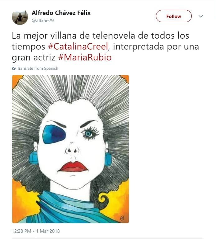 En una entrevista con Cristina Saralegui, María Rubio reconoció que disfrutó el personaje de Catalina Creel (ilustración creada por Alfredo Chávez), pero que esa interpretación también le hizo daño "porque la gente me borró totalmente. Parece que olvidó a María Rubio y parece que yo en 40 años lo único que he hecho es a Catalina Creel".
