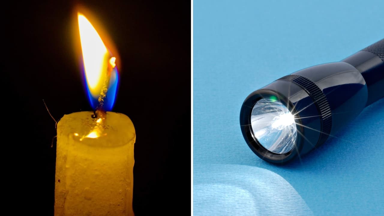 <b>Usa linternas, no velas:</b> durante un apagón, usa linternas que funcionen con baterías en lugar de velas, debido al riesgo de incendio. Ten baterías adicionales a mano. Si debes usar velas, mantenlas alejadas de cortinas, pantallas de lámparas, animales y niños pequeños. No deje velas desatendidas.