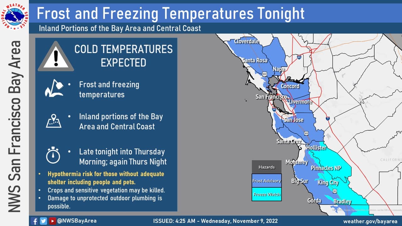 Heladas y bajas temperaturas se registrarán en el Área de la Bahía entre el miércoles y el viernes.