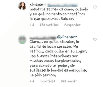Ximena se limitó a responder: "Nosotros sabremos cómo, cuándo y en qué momento compartimos lo que queremos. Saludos.". Aunque en seguida el usuario que emitió el comentario envió una disculpa a la ex Miss Universo.