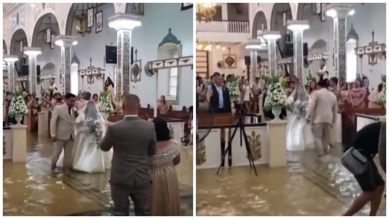 ¡Ni el agua los pudo separar! Novios se casan en iglesia inundada durante un tifón