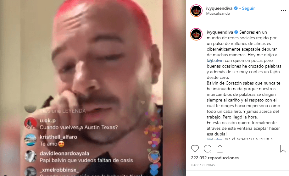 La respuesta de Ivy Queen no se hizo esperar. La pionera del reggaetón posteó la parte del video en la que se escucha la respuesta de Balvin, y la acompañó con el siguiente comentario: