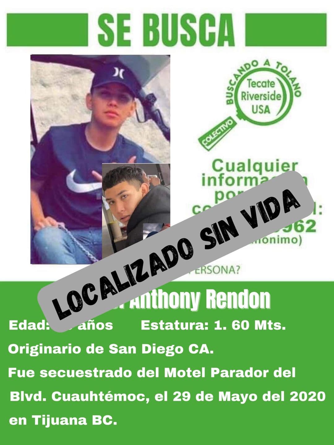 Para conocer la historia completa de la desaparición de Miguel Anthony Rendon visite el artículo en el cual la
<a href="https://www.univision.com/local/los-angeles-kmex/madre-emma-medrano-miguel-rendon-tijuana-asesinado" target="_blank">madre narra el último momento que vio a su hijo antes de ser asesinado en Tijuana. </a>