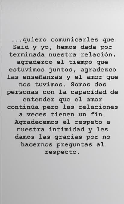 Fue con este mensaje, publicado en Twitter el pasado 1 de agosto, que la actriz anunció el fin de su relación con Said El Caballero.