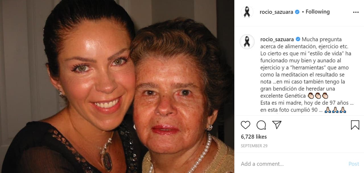 "Mucha pregunta acerca de alimentación, ejercicio, etc. Lo cierto es que mi 'estilo de vida' ha funcionado muy bien y aunado al ejercicio y a 'herramientas' que amo como la meditación el resultado se nota... en mi caso también tengo la gran bendición de heredar una excelente genética. 
<b><a href="https://www.instagram.com/p/CFukBfRAV0d/" target="_blank">Esta es mi madre</a></b>, hoy de de 97 años... en esta foto cumplió 90", escribió. 
<br>