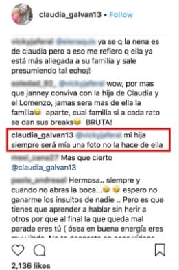 "Mi hija
<b><a href="https://www.univision.com/entretenimiento/celebridades/asi-respondio-la-ex-de-lorenzo-mendez-a-chiquis-rivera-cuando-la-vio-junto-a-su-hija-fotos" target="_blank"> siempre será mía</a></b>, una foto no la hace de ella", respondió Claudia Galván después de que una seguidora en Instagram resaltó la buena relación entre Chiquis y la hija de Lorenzo.