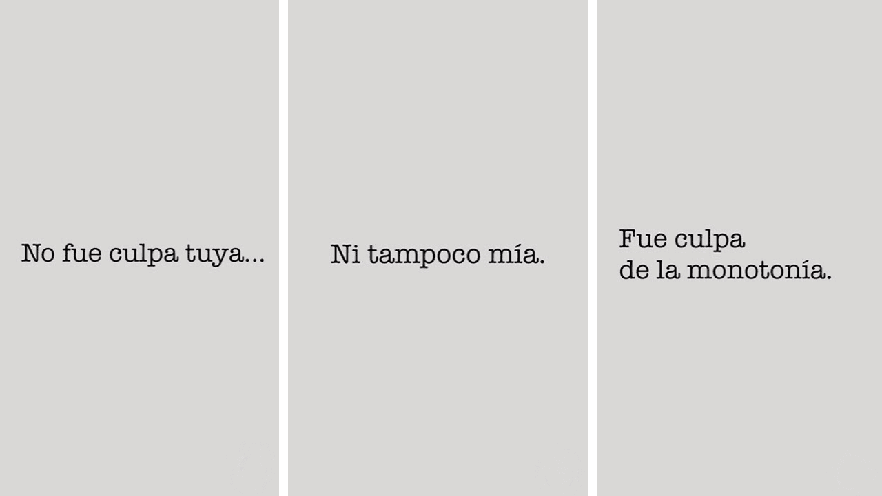 "No fue culpa tuya, ni tampoco mía. Fue culpa de la monotonía. Nunca dije nada, pero me dolía. Yo sabía que esto pasaría".