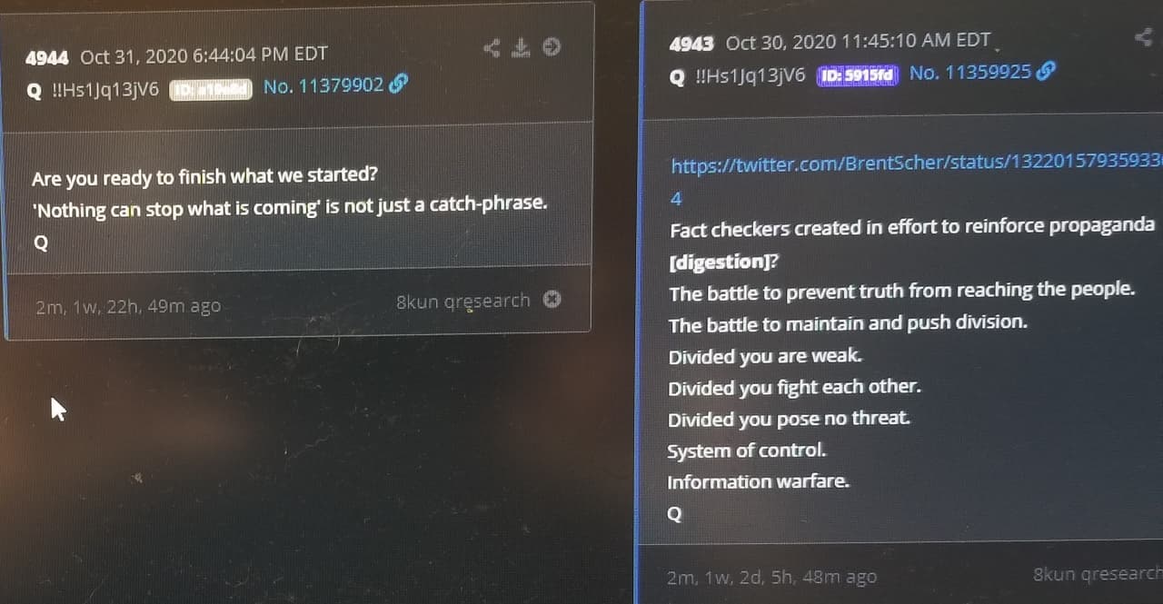 Q se comunica con sus seguidores en sitios de internet a traves de "gotas".
<br>
<br>Estos son preguntas, comentarios y enlaces usualmente poco claros y ambiguos. El trabajo de sus partidarios es descifrarlos.