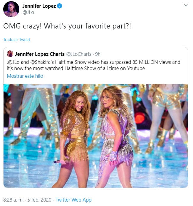 Jennifer López compartió la información que uno de sus clubes de fans publicó, en donde menciona que "el video del show de medio tiempo ha superado los 85 millones de visitas y ahora es el espectáculo de 
<b>medio tiempo <a href="https://www.univision.com/radio/raul-brindis/demasiado-sexual-criticas-al-show-de-shakira-y-jlo-en-el-super-bowl-video">más visto de todos los tiempos</a> en YouTube</b>", aunque no revelaron cifras.