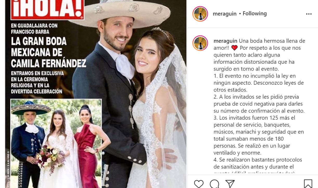 Lo hizo a través de Instagram al compartir la portada de la revista
<b><a href="https://mx.hola.com/famosos/2020081333931/camila-fernandez-francisco-barba-boda-hola/" target="_blank"> ¡Hola! México</a></b> que este jueves 13 de agosto reseñó la boda y la recepción. 
<br>