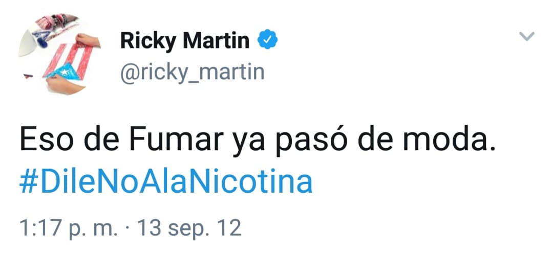 Esto fue lo que dijo el cantante en 2012 a través de 
<b><a href="https://twitter.com/ricky_martin">su cuenta de Twitter</a></b>, respecto al hábito de fumar.