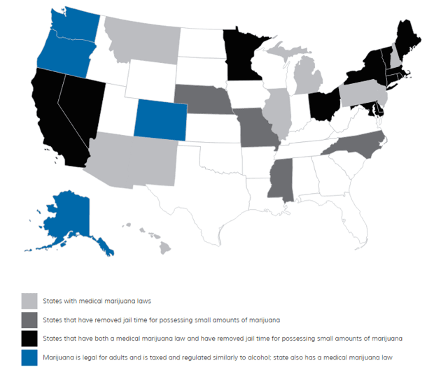 En gris, los estados con leyes sobre mariguana médica. En negro, donde existen leyes sobre marihuana médica y también se ha eliminado condenas en la cárcel por posesión de bajas cantidades.
