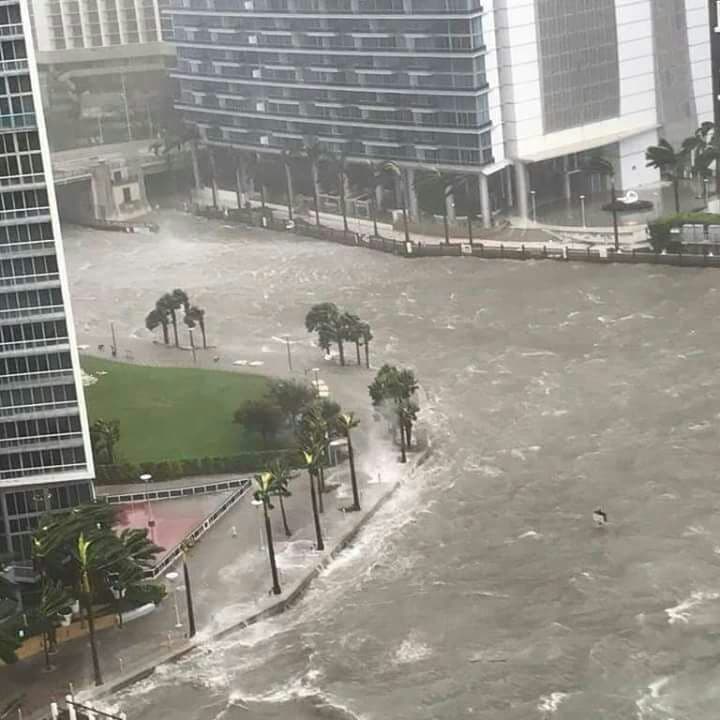 The Miami River overflowing streets in Miami's downtown after the arrival of Hurricane Irma on Sunday