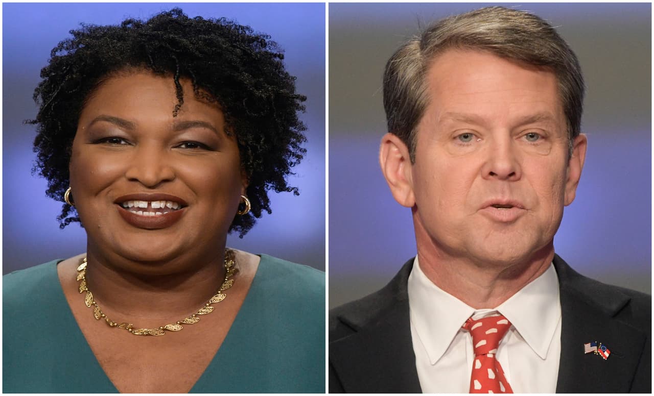 En esa combinación de imágenes del 20 de mayo de 2018 se muestra a los candidatos a gobernador del estado de Georgia, Stacey Abrams (izquierda) y Brian Kemp, en Atlanta. (AP Fotos/John Amis, archivo)