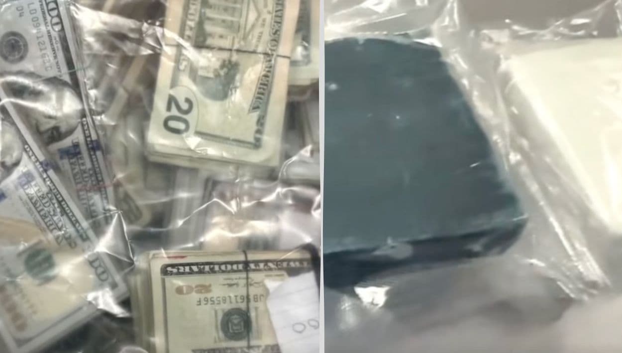 La policía mostró los paquetes de fentanilo y el dinero incautados durante el operativo que dejó dos detenidos en Gastonia.