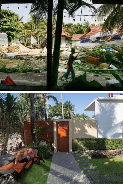 El 27 de diciembre de 2004, una mujer tailandesa camina por la devastación en una hotel de la playa de Patong. En la imagen de abajo un turista extranjero utiliza una tableta y descansa en La Flora Resort.