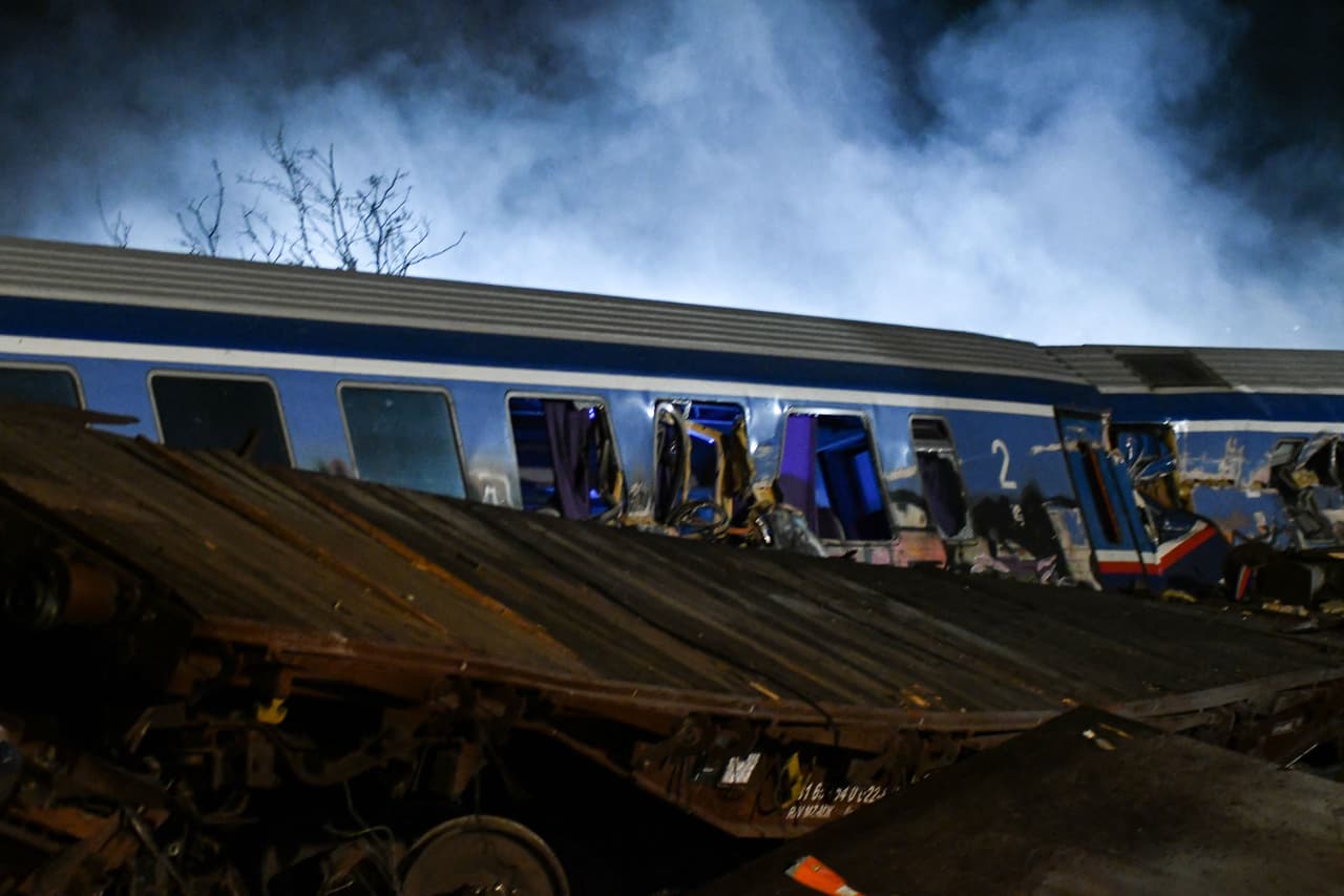 Rail accident involving a collision between a cargo and a passenger train in the Evangelismos area of Larissa, Greece on March 1, 2023. (Photo by STRINGER / SOOC / SOOC via AFP) (Photo by STRINGER/SOOC/AFP via Getty Images)