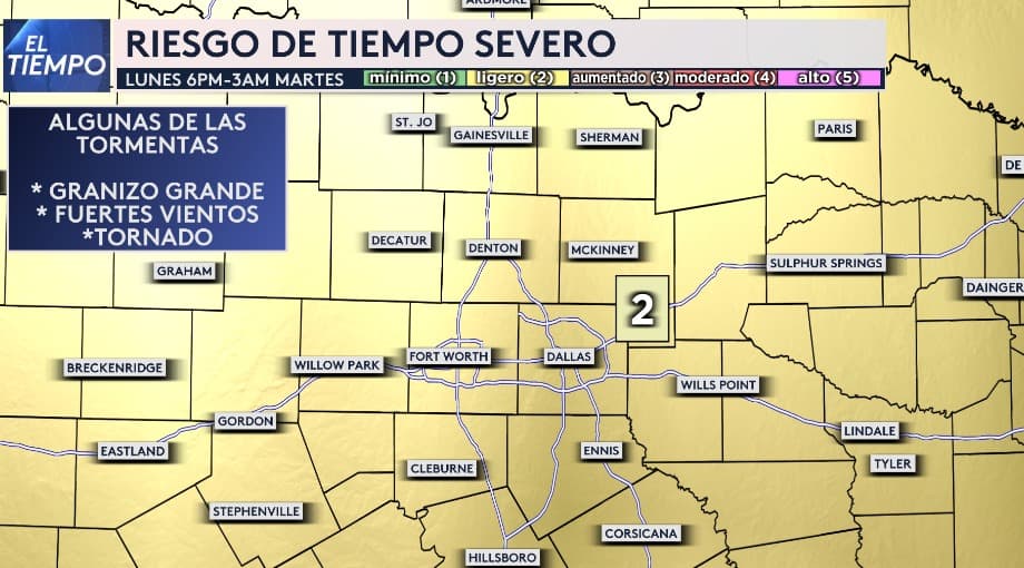 Tenemos el riesgo de tiempo severo para el lunes, desde las 6PM hasta el martes a las 3AM, por la posibilidad de algunas tormentas, granizo grande, vientos y no se descarta la posibilidad de tornado.