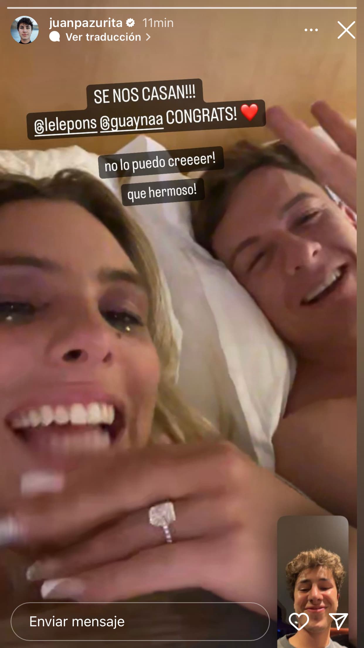 A miles de millas de distancia, algunos famosos comenzaron a reaccionar ante la noticia, como Juanpa Zurita quien se alegró por la próxima boda de sus amigos.