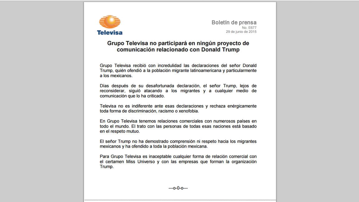Grupo Televisa anunció que no participará más en ningún proyecto relacionado con Donald Trump.