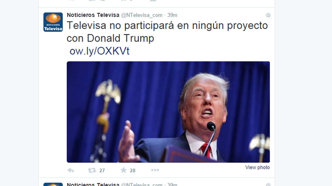 Por medio de un comunicado informaron sobre su decisión: "Para Grupo Televisa es inaceptable cualquier forma de relación comercial con el certamen Miss Universo y con las empresas que forman la organización Trump."