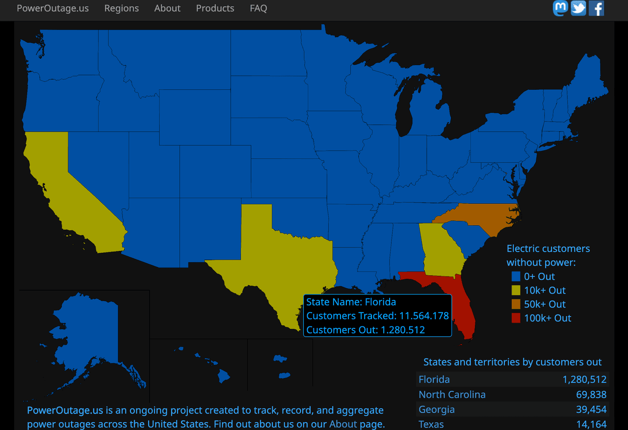 Afectaciones a los servicios de electricidad divulgadas en el portal PowerOutage.us.