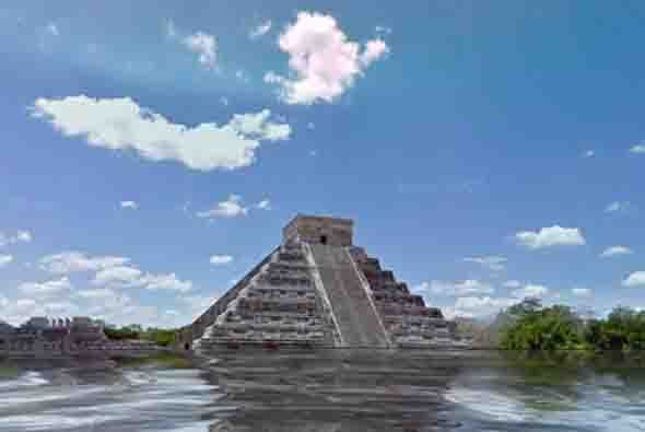 Esto como una medida para crear conciencia en los seres humanos y que así, ayuden a detener de alguna forma los cambios por los efectos del clima en nuestro planeta. En la foto la famosa pirámide de Chichen Itzá, bajo el agua.. Foto tomada del sitio worldunderwater.org.