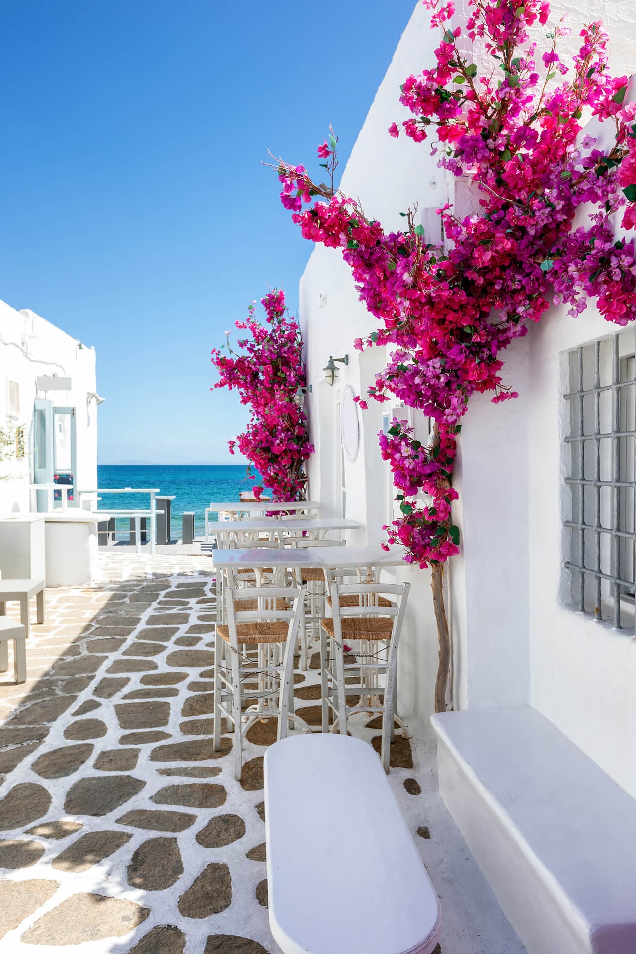 <b>Mykonos (Grecia)</b>
<br>
<br>Las calles adoquinadas de Mykonos serpentean alrededor de sus casas blancas adornadas con flores. En ciertas partes de la isla, los peatones pueden dar vuelta en alguna calle que dará una vista incomparable del mar Mediterráneo. 
<br>