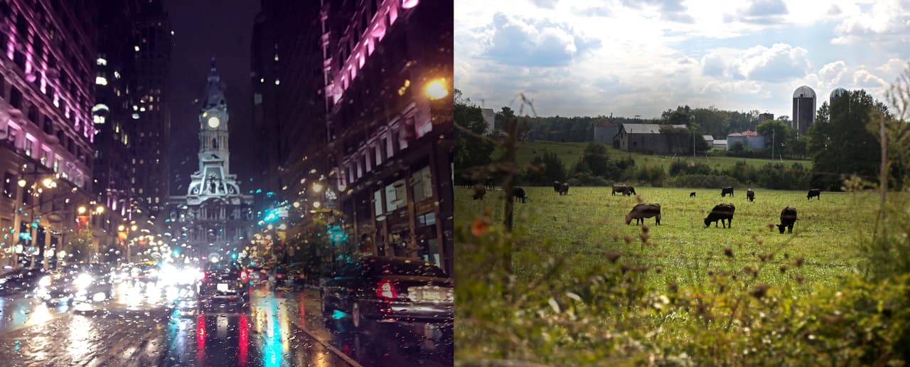 City Hall en Filadelfia, izq, y una escena pastoril cerca a Richmond, Virginia.