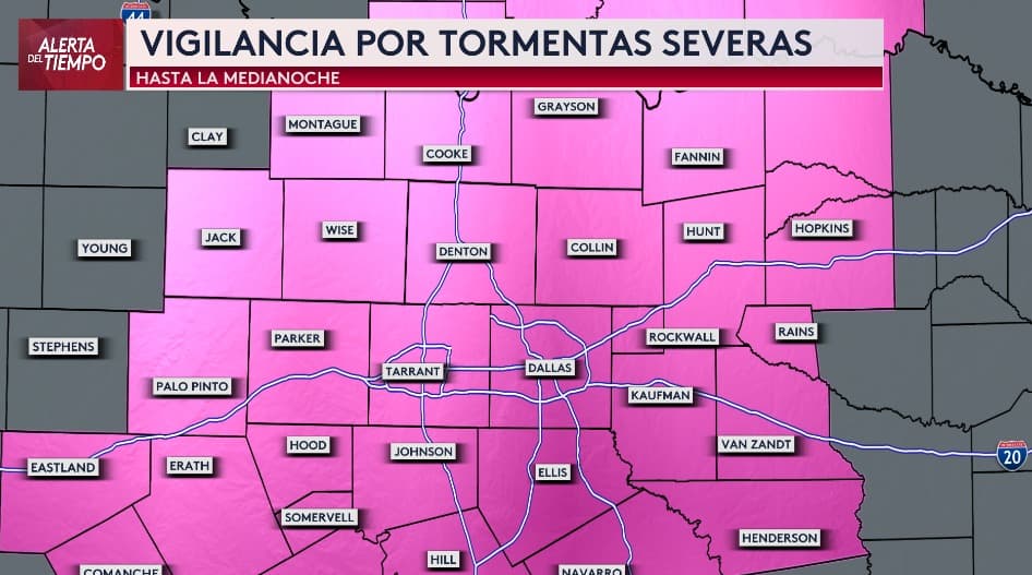 Tenemos una Vigilancia por Tormentas Severas. Esta vigilancia es para gran parte del norte de Texas, incluyendo DFW, hasta la medianoche. Se ha emitido este aviso porque tenemos las condiciones para que se desarrollen tormentas con fuertes vientos, granizo y tormentas en las próximas horas.