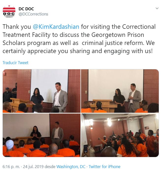 Ahora, la modelo y empresaria visitó el "Centro de Tratamiento Correccional en Washington para discutir el programa de becas de la Prisión de Georgetown, así como la reforma de la justicia penal". Así se lee en la cuenta oficial de Twitter del correccional, donde compartieron algunas fotografías de la visita.