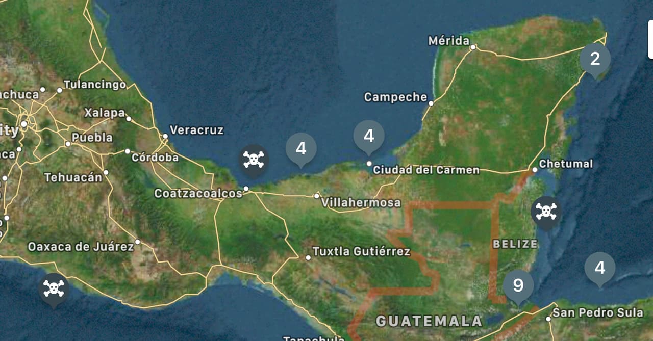 Un imagen de la aplicación mobile de ASAM (Actividad de Mensajes Anti-Barcos - ASAM) de la Bahía de Campeche en el sur del Golfo de Mexico. Incluye la ubicación geográfica y los reportes de ataques contra barcos, y tripulaciones, como incidentes de piratería, robo, y secuestro. Fue creado por la Agencia Nacional de Inteligencia Geoespacial (NGA), que prepara advertencias de navegación para la Marina de los Estados Unidos.
<br>