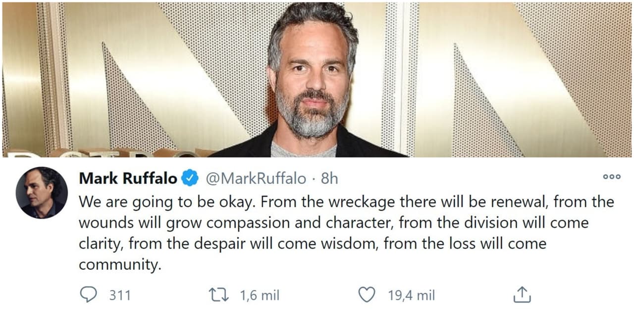 <b>Mark Ruffalo</b> también compartió los aires de esperanza que tiene con la llegada del nuevo presidente: "Vamos a estar bien. De los escombros habrá renovación, de las heridas surgirá la compasión y el carácter, de la división vendrá la claridad, de la desesperación vendrá la sabiduría, de la pérdida vendrá la comunidad".
<br>