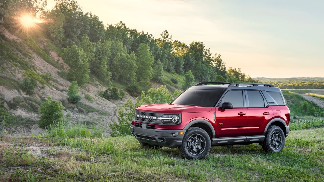 The all-new Bronco Sport Badlands series in Rapid Red Metallic Tinted Clearcoat. (Pre-production model pictured.)
