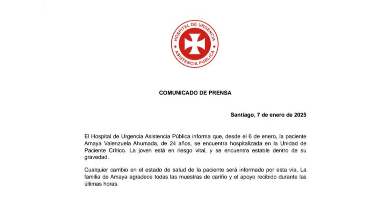 Comunicado de prensa del Hospital de Urgencia Asistencia Pública sobre la salud de la hija de Claudio Valenzuela.