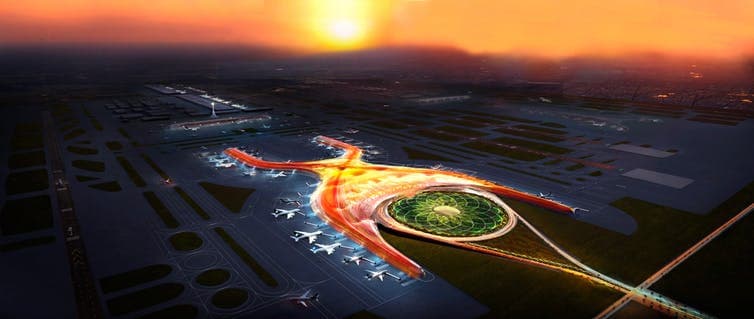 El nuevo aeropuerto diseñado por Norman Foster en la Ciudad de México, visto aquí en una representación de computadora, es visualmente impactante pero ambientalmente problemático.
<br>