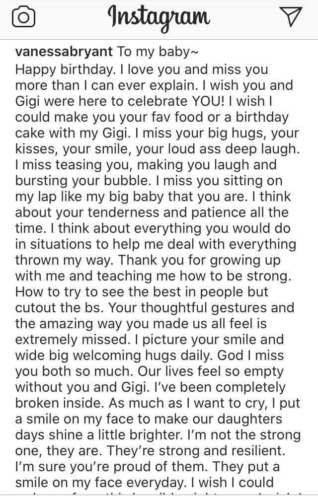 "Dios, los extraño mucho a los dos. Nuestras vidas se sienten tan vacías sin ti y sin 'Gigi'. Estoy completamente rota por dentro. Por mucho que quiera llorar, puse una sonrisa en mi rostro para hacer brillar un poco los días de nuestras hijas.
<b><a href="https://www.univision.com/famosos/vanessa-bryant-recuerda-a-su-fallecida-hija-gianna-en-el-dia-que-seria-su-graduacion-fotos" target="_blank">Yo no soy la fuerte, ellas lo son</a></b>. Son fuertes y resistentes. Estoy segura de que estás orgulloso de ellas. Me ponen una sonrisa en la cara todos los días", dijo.
<br>