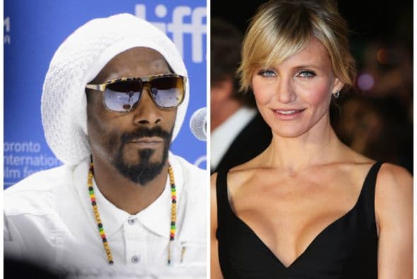 Cameron Diaz y Snoop Dogg | La actriz y el rapero coincidieron en la Preparatoria Politécnica de Long Beach, California, en donde también estudiaron, en otro momento, Julieta Venegas, Jenni y Lupillo Rivera. Cameron recuerda bien a Calvin Broadus, más conocido como Snoop Dogg, y en una entrevista en el programa del comediante George Lopez dijo: "Era un año mayor que yo. Lo recuerdo. Era muy alto y flaco, usaba muchas colas de caballo" en el pelo.