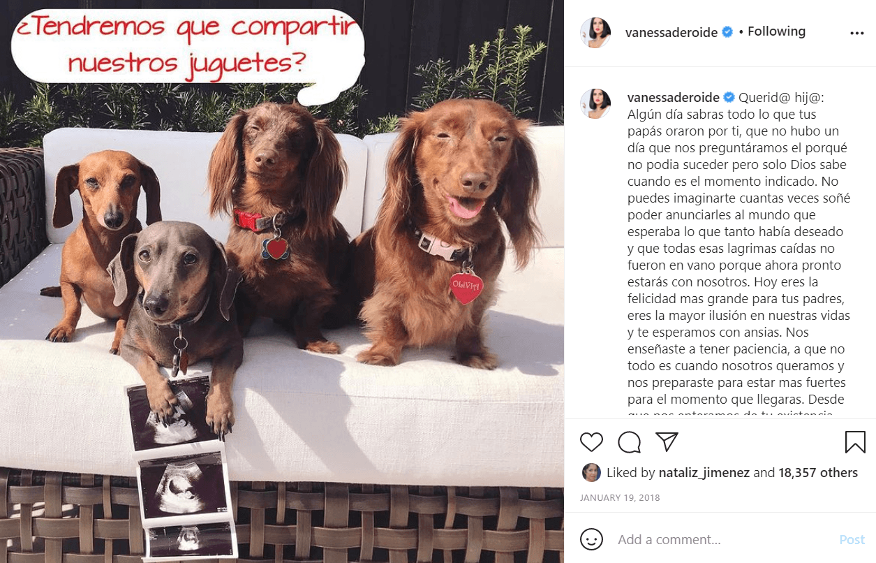 Después de sufrir tres pérdidas, De Roide por fin logró lo que tanto anhelaba, el embarazo de su primera hija se concretó. El 19 de enero de 2018, la modelo dio la noticia compartiendo la fotografía del ultrasonido: "Algún día sabrás todo lo que tus papás oraron por ti, que no hubo un día que no nos preguntáramos el porqué no podía suceder, pero solo Dios sabe cuándo es el momento indicado. No puedes imaginarte cuántas veces soñé poder anunciarles al mundo que esperaba lo que tanto había deseado y que todas esas lágrimas caídas no fueron en vano porque ahora pronto estarás con nosotros. Hoy eres la felicidad más grande para tus padres, eres la mayor ilusión en nuestras vidas y te esperamos con ansias".