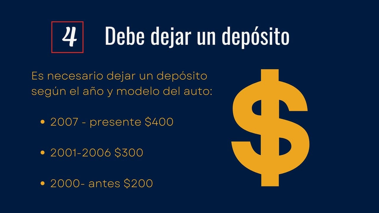 Es necesario dejar un depósito según el año y modelo del vehículo. Este dinero se reembolsa si se regresa el carro antes de que venza el permiso.