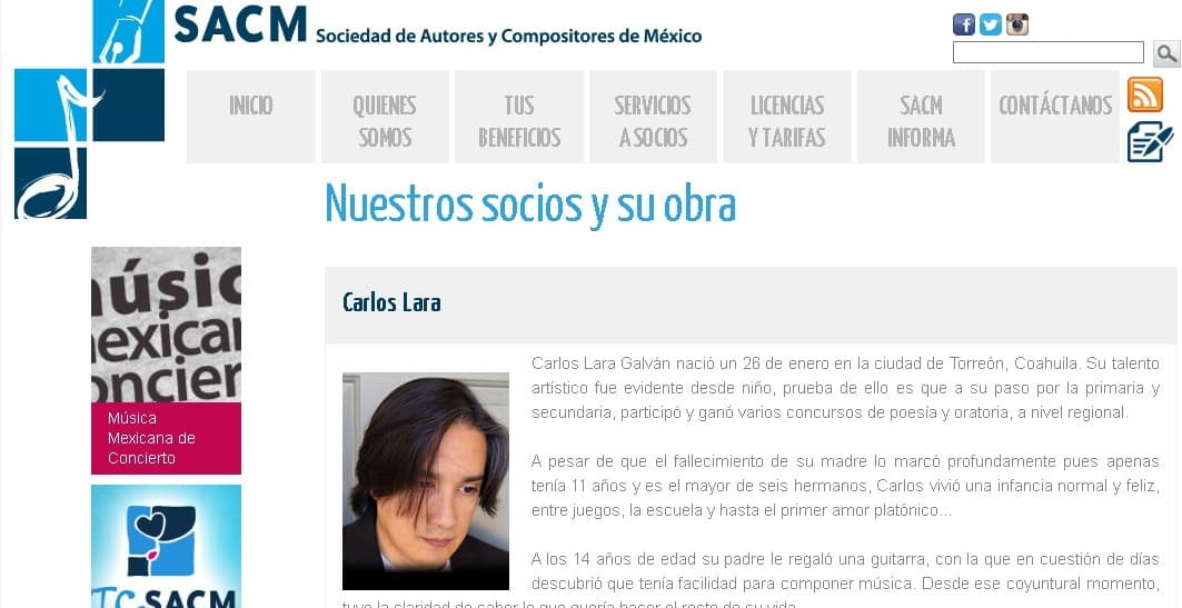 De acuerdo a la página oficial de la 
<b><a href="http://www.sacm.org.mx/biografias/biografias-interior.asp?txtSocio=19153" target="_blank">Sociedad de Autores y Compositores de México (SACM),</a></b> Carlos Lara ocupa actualmente el cargo de vicepresidente operativo del consejo directivo de esa organización. Ha sido autor y productor de artistas como Ricky Martin, Yuri, Luis Fonsi, Flans y Timbiriche, entre otros. Junto a Jesús Monarrez formó parte del dueto Lara y Monarrez.