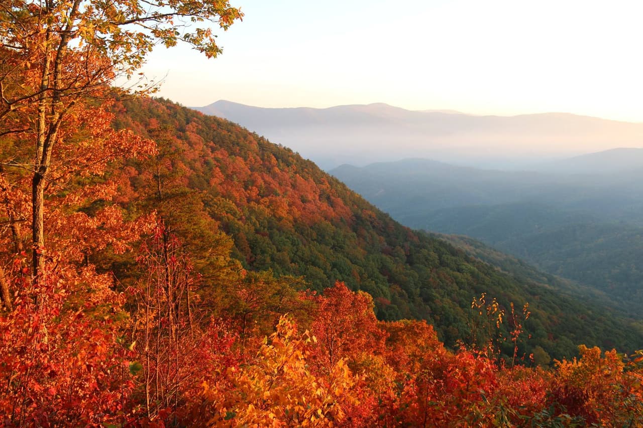 <b>Fort Mountain Wall, Tower & Overlook Trail</b>: Camina en un trío de tres senderos en el Parque Estatal Fort Mountain hasta un antiguo y misterioso muro serpenteante, una histórica torre de piedra con forma de fuerte y vistas panorámicas desde el mirador del parque enmarcado en el color de las hojas otoñales.