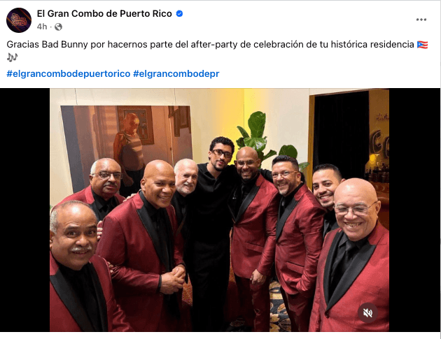 Aunque no llegaron al concierto, los integrantes de 
<b>El Gran Combo de Puerto Rico</b> dejaron saber este 
<b>domingo, 21 de septiembre</b>, en Facebook, que sí participaron de la fiesta posterior al evento. Lo documentaron con esta imagen 
<b>junto a Bad Bunny</b>.