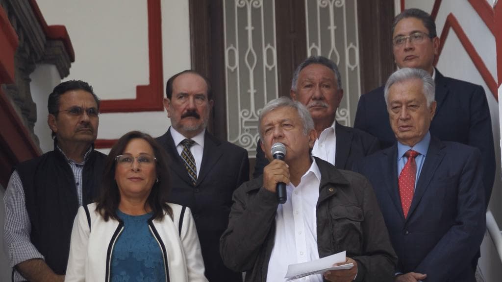 Andrés Manuel López Obrador with Manuel Bartlett (right) during his nomination as future director of the Federal Electricity Commission.