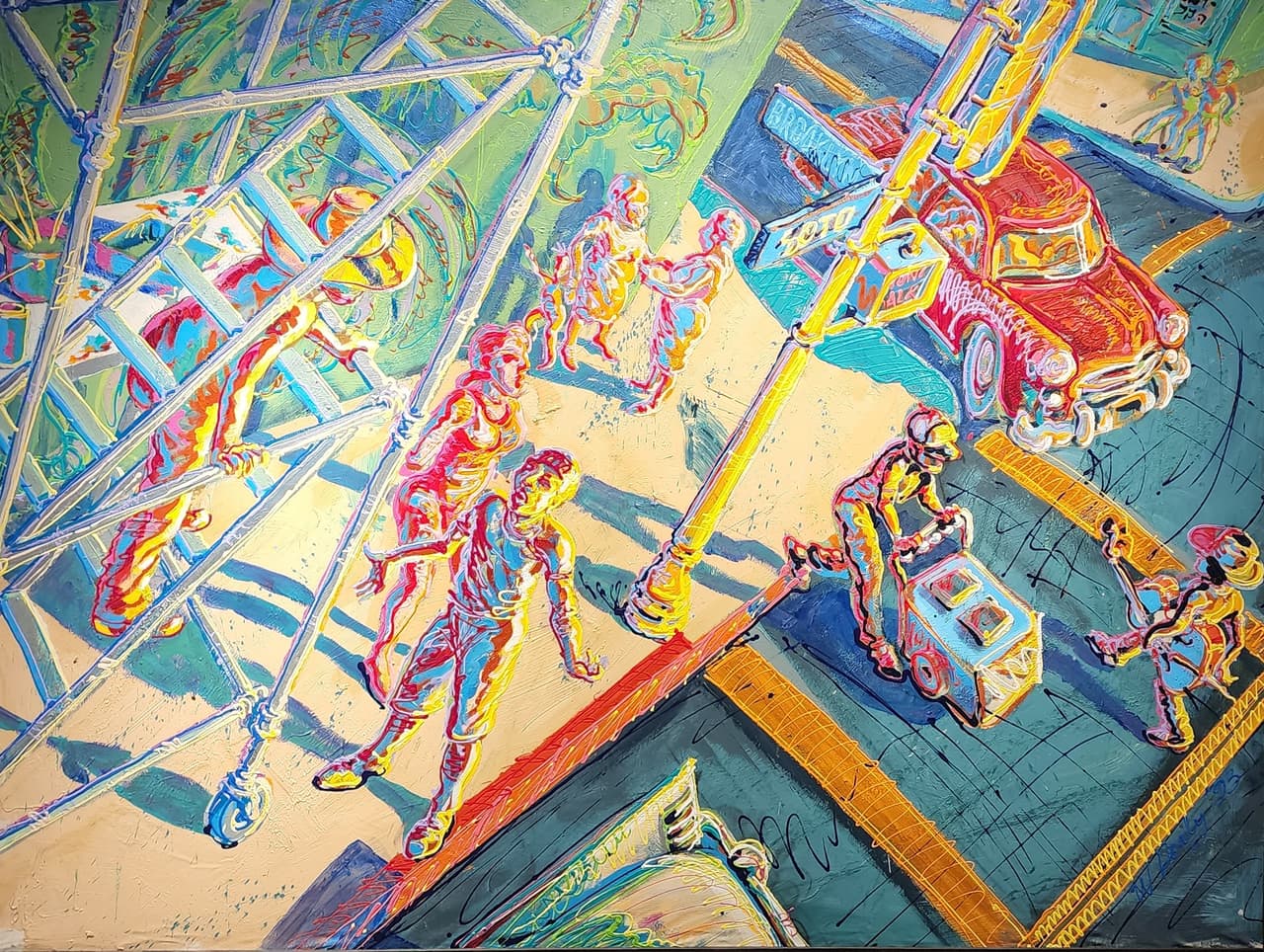 Y así como la historia de los chicanos ha evolucionado, también lo han hecho sus inspiraciones, mismas que plasman los artistas para expresar qué sienten cuando se trata de reflejar una lucha social o mostrar a través de su pincel situaciones tan cotidianas como el día a día de las familias migrantes por salir adelante.
<br>
<br>Obra por Wayne Alaniz Healy. 
<i>Beautiful Downtown Boyle Heights, 1993. </i>Acrílico sobre lienzo.